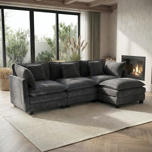 GRAVFORCE 239cm L Shaped Sofa with Movable Ottoman Footstool Chenille Gray | Oversized Modular 3-seater Sectional Sofa with Deep Seat Wide Armrests Cloud Corner Couch Sofa Perfect for Livingroom Bedroom