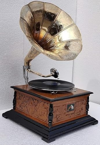 Gramophone Player Original Working Old Replica Gramophone Player with 1 Demo Record and 5 Needles Yellow Carved