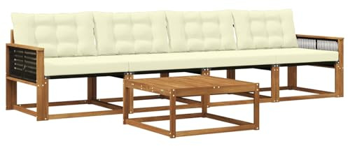 vidaXL Outdoor-Sofagarnitur mit Kissen 5 pcs Natur und Creme, Garten, modernes Outdoor-Sofa, Lounge-Set für die Terrasse, stylisches Möbel, bequemes Sitzen
