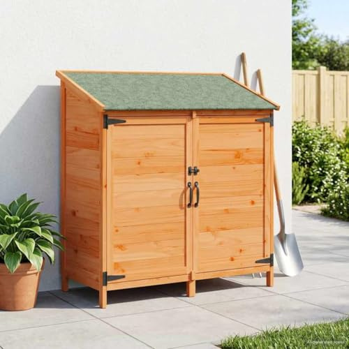 LoogCape Garden Shed with Roof and Lock, Brown, 106.5 x 56 x 113.5 cm, Made of Solid Spruce Wood, Weatherproof Tool Shed for Tools, Bicycle, Wheelie Bin, Firewood, Ideal for Garden
