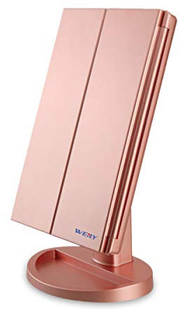 WEILY Lighted Vanity Makeup Mirror 1x/2x/3x Magnification Trifold with 36 LED Lights Touch Screen and USB charging, 180 Degree Adjustable Stand for Countertop Cosmetic Makeup Mirror(Rose Gold)