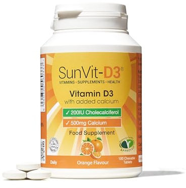 SunVit-D3 Vitamin D3 200IU with Added Calcium Tablets - Calcium and Vitamin D Tablets 500mg Support The Maintenance of Bone, Teeth, Muscle & Immune System - 100 Orange Chewable Calcium Tablets