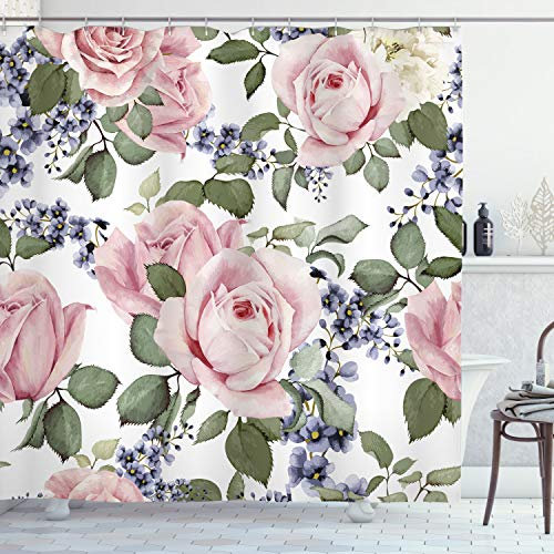 ABAKUHAUS Rose Duschvorhang, Blühendes Rosa Flora, Stoffliches Gewebe Badezimmerdekorationsset mit Haken, 175 x 200 cm, Pale Pink Grün Blaugrau