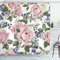 ABAKUHAUS Rose Duschvorhang, Blühendes Rosa Flora, Stoffliches Gewebe Badezimmerdekorationsset mit Haken, 175 x 200 cm, Pale Pink Grün Blaugrau