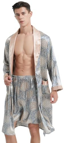 Haseil Peignoir kimono luxueux pour homme avec short d'été en satin de soie imprimé, Bleu, XXL