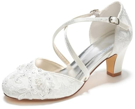 Emily Bridal 1505-13-1 Women's Wedding Shoes Closed Toe 2.56 Inches Chunky Heel Lace Satin Pumps with Lace Flower Sequin Imitation Pearl Buckle Bridal Shoes(EU38/UK5, Ivory)