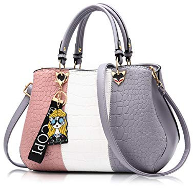 NICOLE & DORIS Damen Handtasche Umhängetasche Henkeltasche Kuriertasche Elegant Damen Handtaschen mit Kaninchen Pelz Kugel Plüsch Schlüsselring Grau 2