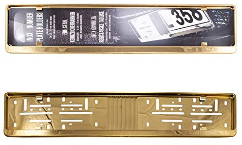 2x Premium Auto Kennzeichenhalter 100% EDELSTAHL GOLD für DEUTSCHLAND und EU (Kennzeichen der Größe 520mm x 110mm) Nummernschildhalter Kennzeichenhalterung INOX Rostfreier Stahl V2A
