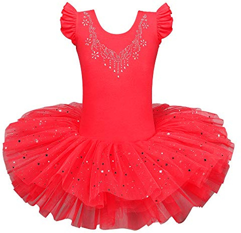 ZNYUNE Girls Princess Ballet Dress Sparkly Layered Tutu Dancewear 3-7Y | Flutter sleeves. Soft breathable stretchy. Comfy knit. Built-in knickers. Great ballerina costume for recitals & parties.