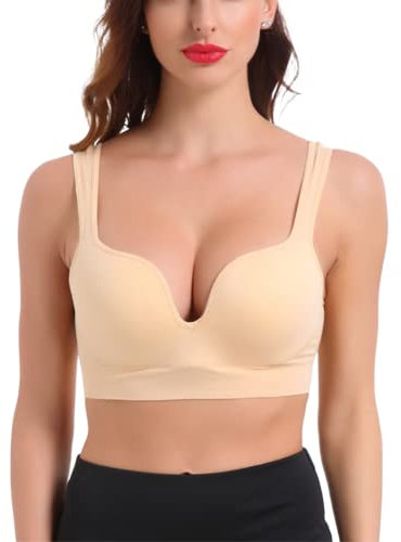 URPLITY Women's Seamless Sports Bra Yoga Bra Padded Cotton High Impact Push up Support Pullover Breathable Comfy Sport Camisole U Plunge Bra, Beige, L