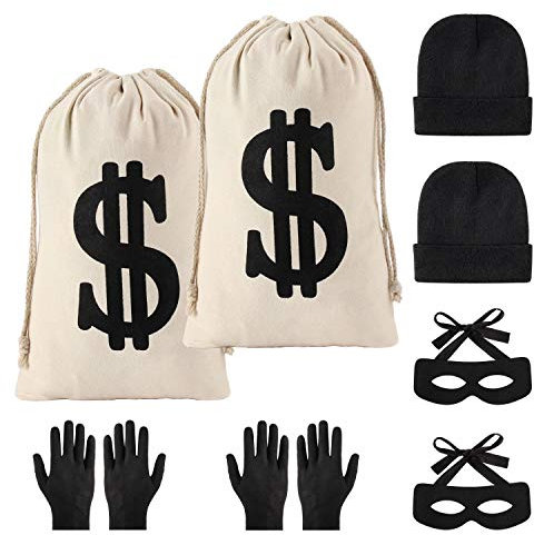 DENDAWEN Yaromo 8-teiliges Räuber-Kostüm-Set, inklusive Leinen-Dollar-Schild, Geldbeutel, Bandit-Augenmaske, Strickmütze, Handschuhe für Halloween, Cosplay, Einbrecher, Mottoparty
