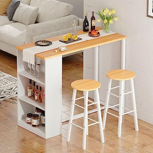 Soges Bar Set Con Mesa y 2 Taburetes Altos, Mesa Bistro de Pub Con Estantes de Almacenaje de 3 Niveles Para Cocina y Comedor