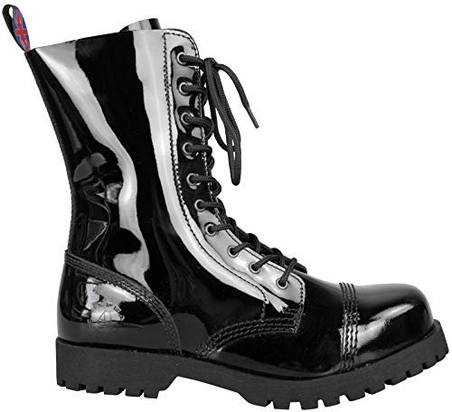 Alpha Rangers 10-loch Boot, Ranger Festival Army Gothic, Leder Springerstiefel, Lack Patent Schwarz 5015, UK 10 / EU 44