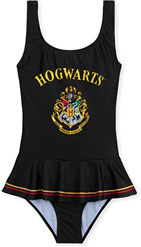Harry Potter Badebekleidung Mädchen | Einteiliger Badeanzug Kinder Mädchen mit Rüschenrock | Kinder Badewäsche Alter von 7-14 (Schwarz Hogwarts, 11-12 Jahre)
