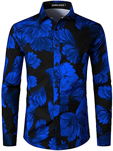 PARKLEES Men's Hipster Urban Design Polyester 3D Printed Slim Fit Long Sleeve Button Up Dress Shirts Royal M