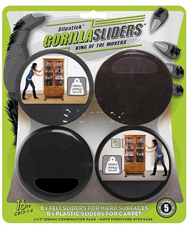 Slipstick Premium Furniture Sliders for All Floor Surfaces (16 Piece Moving Kit) Reusable 3.5” Round Furniture Movers for Sliding Furniture on Hardwood & Carpet, Black, CB13-1-16