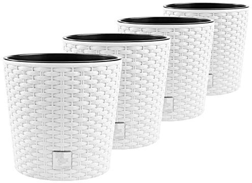 4 macetas Ratto, aspecto de ratán, plástico, incluye maceta interior, color blanco, diámetro de 30 cm