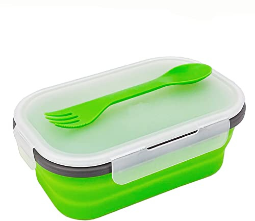 Green Food Grade Silicone Lunch Container Bento Box, Collapsible Food Storage Containers with Airtight Lids and 2in1 Fork, Reusable Food Container for Travel Camping, 1000ml Microwave Container
