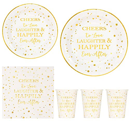 Crisky Gold Bridal Shower Napkins Plates Cups Set for Bride Wedding Engagement Bachelorette Party Decorations Supplies, Disposable Tableware Set of 24 (9 & 7 Plates, Luncheon Napkin, 9oz Cups)