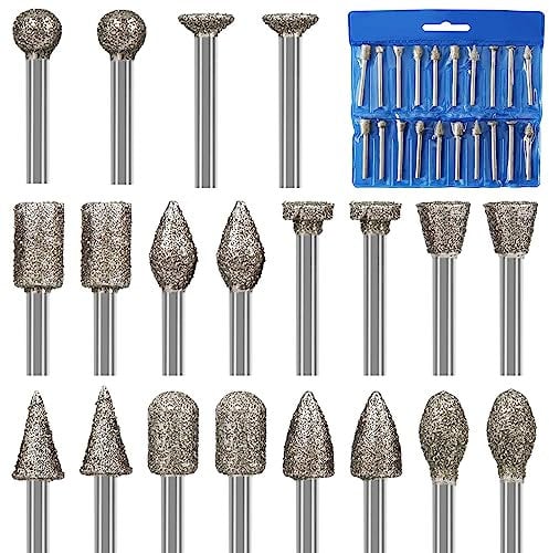 Diamond Grinding Burr Bit Set 20Pcs Rotary Tool Accessories Stone Carving Burr Set with 1/8 Shank for Stone Ceramic Glass Carving Engraving Grinding Polishing