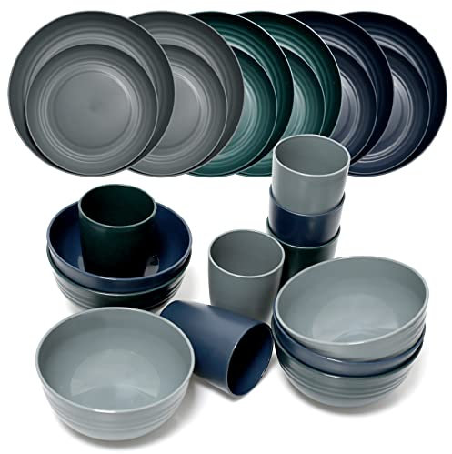 Kazaigou Unbreakable Plastic Dinnerware Set, 24PCS Camping Dinner Set Serve 6 Person, Lightweight Plates, Bowls and Cups Set, Microwave Dishwasher Safe, Perfect for Camping, Picnic, Campervan