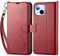 TUCCH Case for iPhone 14 (6.1) 2022 5G, PU Leather Wallet Case with Wrist Strap, RFID Blocking, Card Slots, Shockproof TPU, Viewing Stand, Magnetic Folio Flip Phone Cover for Women Men, Dark Red