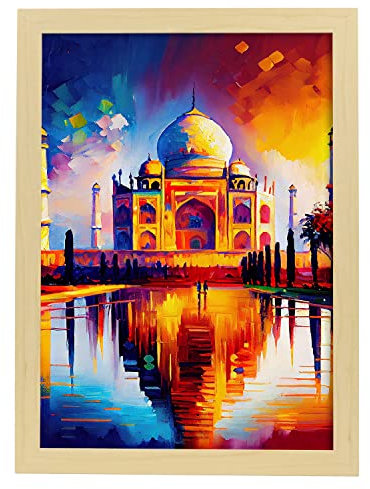 Nacnic Poster de Taj Mahal en estilo Pintura al Óleo. Ilustraciones de monumentos y ciudades en estilo fotográfico a todo color. Diseño y Decoración de Interiores. A4 Marcos Madera.
