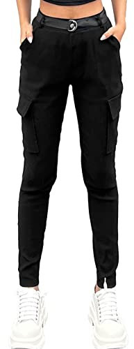 Nuofengkudu Skinny Pantaloni Cargo Donna con Tasche Laterali Militari Leggings Dimagranti Slim Vita Alta Pantalone Comodi Eleganti Curvy Push up Ragazza Fashion Pants Sportivi Moda Streetwear Nero S