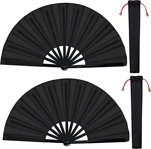 2 Stück Große Faltbare Seide Hand Fächer Chinesischer Tai Chi Faltender Handfächer Nylon Tuch Chinesischer Kung Fu Fan mit Halter Ärmel für Performance Tanz Dekorationen Festival (Schwarz)