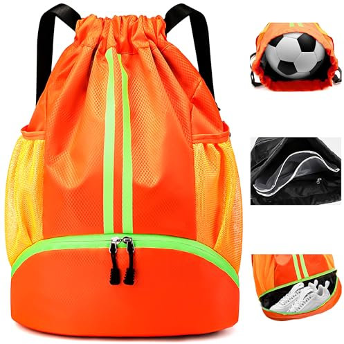 Hoseay Turnbeutel Kordelzug Sportbeutel mit Schuhfach und Nassfach Damen Groß Sportrucksack Wasserdicht Fußball Tasche Leicht Verstellbar Sport Rucksack für Sport Reisen Schwimmen Fitness, Orange