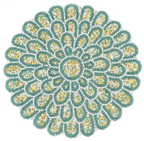 Round Beaded Placemats - 13 Charger Plates with Glass Beads & Polyester Backing, Non-Slip & Stain-Resistant Table Protectors for Indoor/Outdoor Dining Single Pack (Teal White)- ALPHA Living HOME