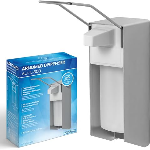 ARNOMED 1 Dispenser di sapone in alluminio, dispenser a muro gel disinfettante mani da 500ml, Euro dispenser con leva lunga, dispenser gel disinfettante mani parete, dispenser bagnoschiuma doccia