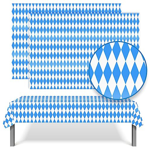 Pack mit 2 Oktoberfest-Tischdecken, 274 x 137 cm, blau-weiße Kunststoff-Rechteck-Tischdecke, Bayerisches Tischgeschirr, Tischdecke für deutsche Bierfeste und Oktoberfest-Dekorationen
