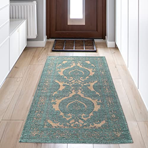 Teppich Wohnzimmer Marokkanisches Muster Modern Ornamente Pflegeleicht Hautsympathisch - Petrol Gold, 80 x 150 cm