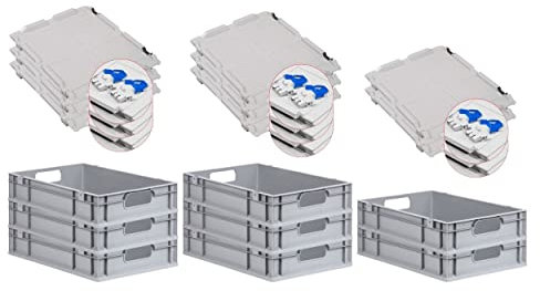 PROREGAL SuperSparSet 8x Eurobox NextGen Economy mit Scharnierdeckel & blauen Verschlüssen | Griffe offen | HxBxT 12x40x60cm | 23 Liter | Eurobehälter Transportbox Transportbehälter Stapelbehälter