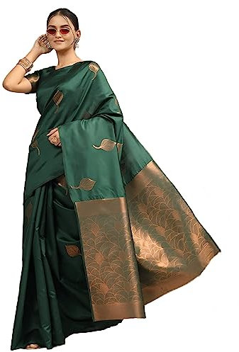 Sidhidata Textile Banarasi Sari en soie douce pour femme avec chemisier non cousu Taille unique, B Vert bouteille foncé, taille unique