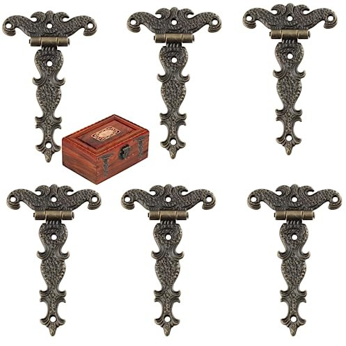 Vokowin 6pcs Antique Hinges, Bronze Decorative Retro Carved Furniture Hinges Cupboard, Drawer Door, Bookshelf, Wooden Box Jewelry Box (K255-6)