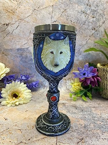 White Wolf Goblet Celtic Hand Painted Resin and Metal Chalice Wine