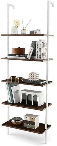 COSTWAY Leiterregal braun, Standregal, 5 Ebenen Bücherregal Wand, Regal schmal, 60 x 30 x 180 cm, Metallrahmen, für Heimbüro & Wohnzimmer, modern