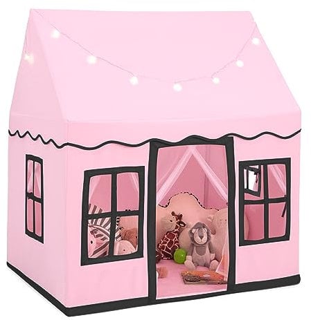 GYMAX Kids Tent, Indoor Children Playhouse with Washable Mat, Star Lights & Windows, Large Play Tent for 3-10 Years Old Girls Boys (Pink+Black)
