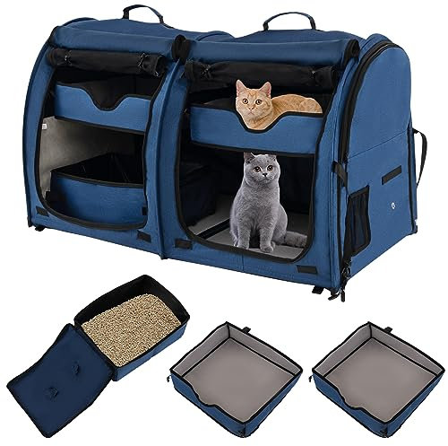 COSTWAY Transporttasche Hunde, Faltbare doppelte Abteilung Hundetasche, Tragetasche mit 2 Hängematten, weicher Matratze & Katzentoilette, tragbare Hundetransportbox Hundebox Transportbox (Blau)