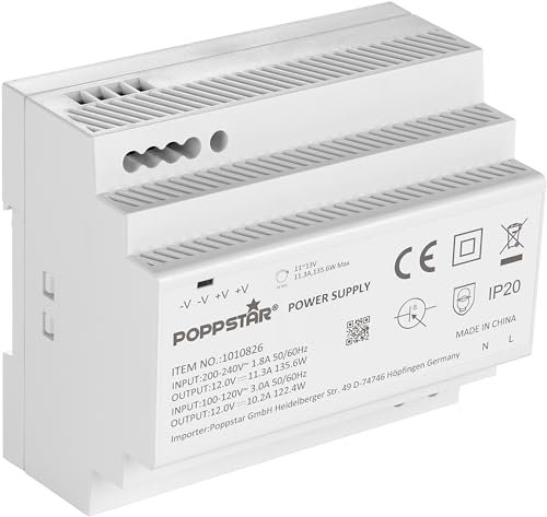 Poppstar Hutschienen-Netzteil P-150-12- 12V 11,3 A max. 135W (Input 100-240 V AC 50/60 Hz)