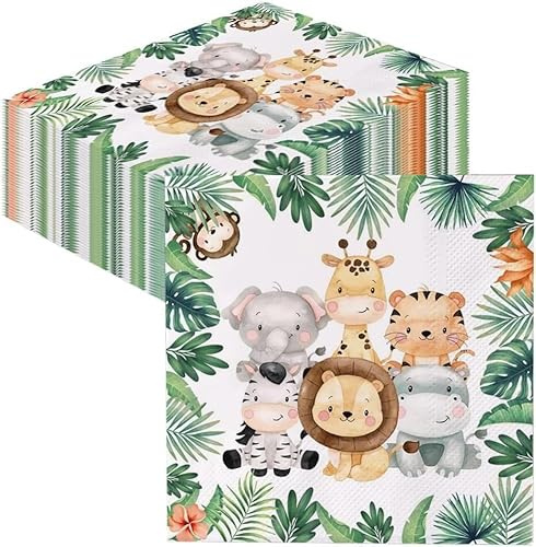 Servietten Kindergeburtstag, 40 Stück Servietten Dschungel, Papierserviette Zootiere Happy Birthday Kindergeburtstag Tissue, Mädchen Jungen Tischdeko Party Deko