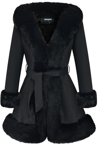 GRAN ORIENTE Wildlederjacke für Damen mit Kunstfellkragen, langärmelig, warm, Winter-Parka, Mantel mit Gürtel, Oberbekleidung