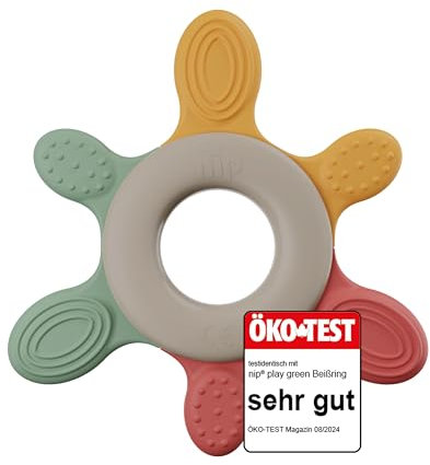 nip – Beißring | Nachhaltiger Beißring für Babys ab 3 Monaten aus über 65% natürlichen Rohstoffen. Beißring zur sanften Massage von Zahnfleisch, Zunge und Zähnchen | Rot/Grün/Orange