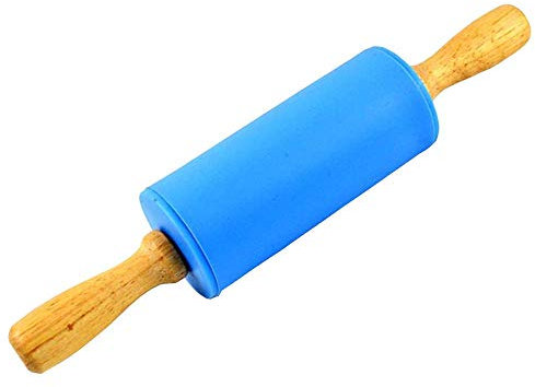 Silicone Rolling Pin with Solid Wood Handle for Non-Stick Baking - Ideal for Fondant, Biscuit, Noodles, Pizza - Orange/Blue