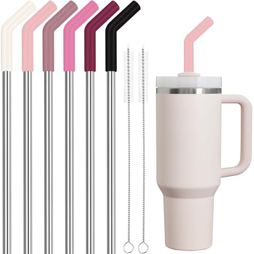 Tomorotec 6Pcs Strohhalme Edelstahl mit Silikonspitzen, Passend für Stanley 40 oz Stanley Tumbler, 30 cm strohhalme wiederverwendbar mit bunten Verlängerungen und 2 Bürsten Pink