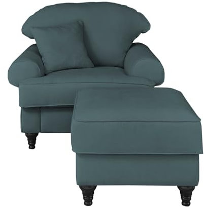 Furn.Design Sessel mit Hocker in blau/grün Mikrofaser Bezug Relaxsessel Loungesessel mit Fußhocker Landhaus-Stil Adelina (Blaugrün, Mit Hocker)