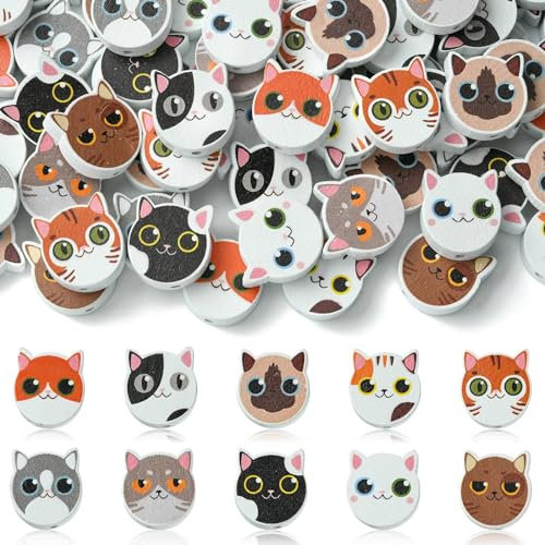 DanLingJewelry 100 Stück zufällige Holzperlen mit Katzengesicht, niedliche Katze, Tierkopfperlen, Holzperlen für Schmuckherstellung, DIY Handwerk