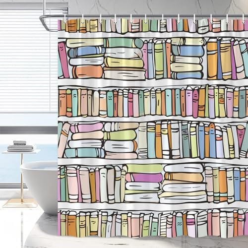RDRUVA Bücherregal, Duschvorhang, Bibliothek, Vintage, pädagogische Bücherregale, Aquarell-Holz-Bücherregale, bunt, antikes Haus, Hippie-Kunst, Wandverkleidung, Badezimmer, Heimdekoration, 178 x 177,8